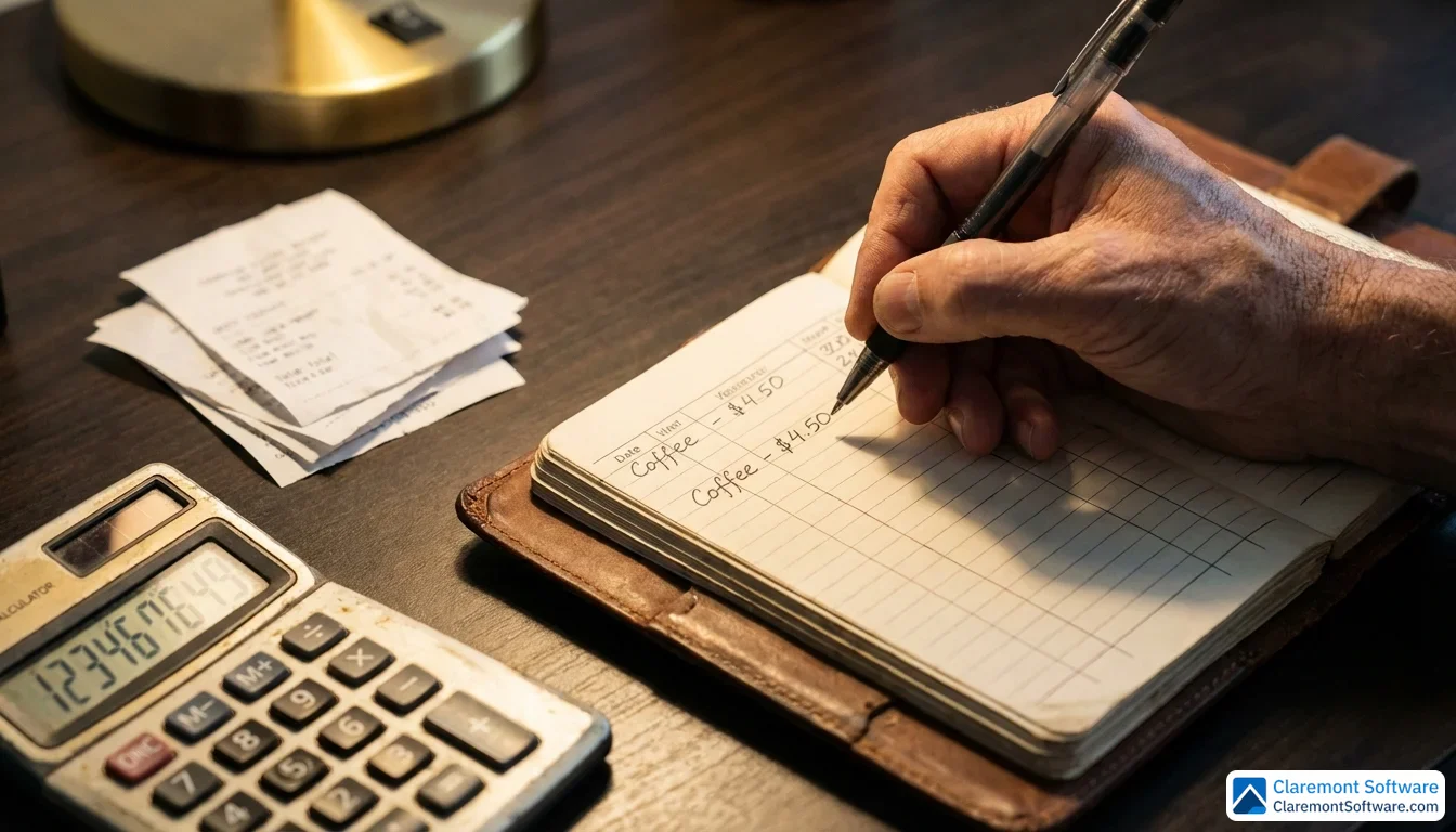 A hand carefully writing itemized expenses in a leather-bound notebook, with a calculator and stacked receipts resting on a dark desk under warm lamplight, evoking meticulous financial planning and budgeting.