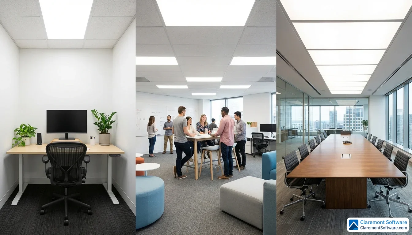 Three office environments shown side by side, ranging from a small single-desk solo workspace with one monitor, to a mid-sized open-plan office with colleagues collaborating, to a large modern law firm featuring a long conference table, all photographed at eye level under consistent overhead lighting.