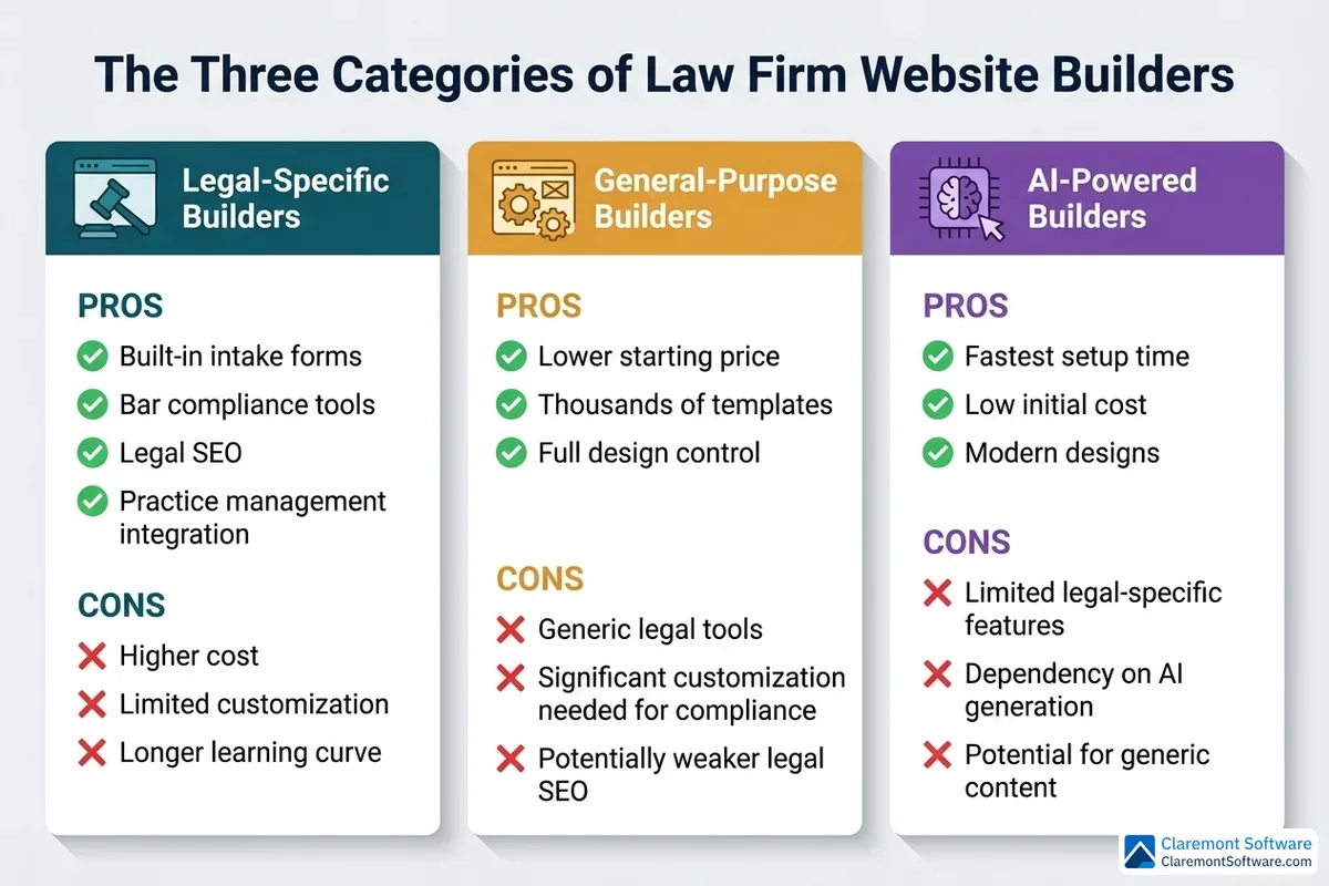 Alt text: Infographic comparing three categories of law firm website builders side by side, highlighting key trade-offs such as cost, customization, ease of use, and features to help attorneys choose the best option for their practice.