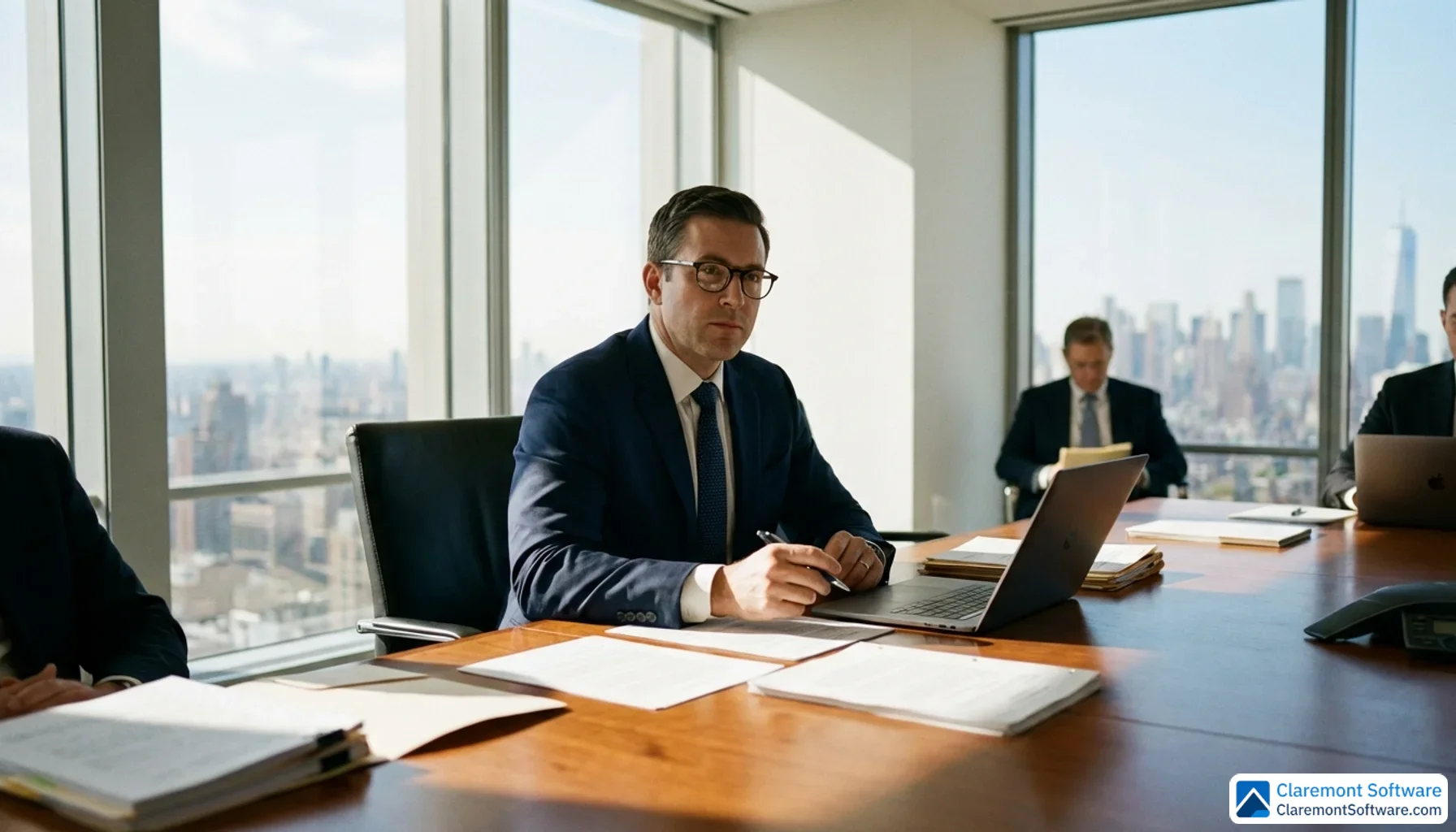 A confident attorney in a sharp navy suit sits at a polished conference table reviewing documents, with soft natural light filling the room and a city skyline visible through floor-to-ceiling windows behind them.
