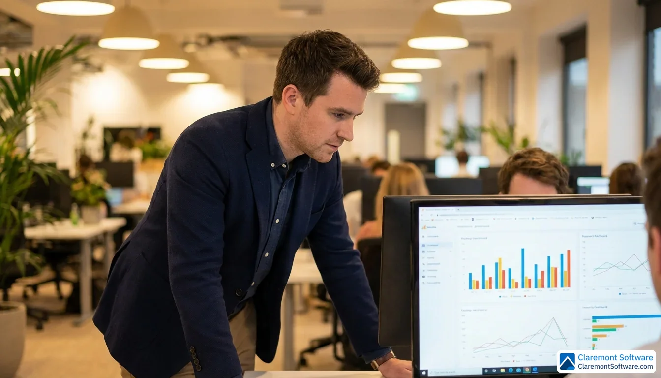 A marketing professional in business casual attire leans toward a desktop monitor displaying colorful bar charts and line graphs in an analytics dashboard, with the surrounding office environment softly blurred in the background under warm overhead lighting.