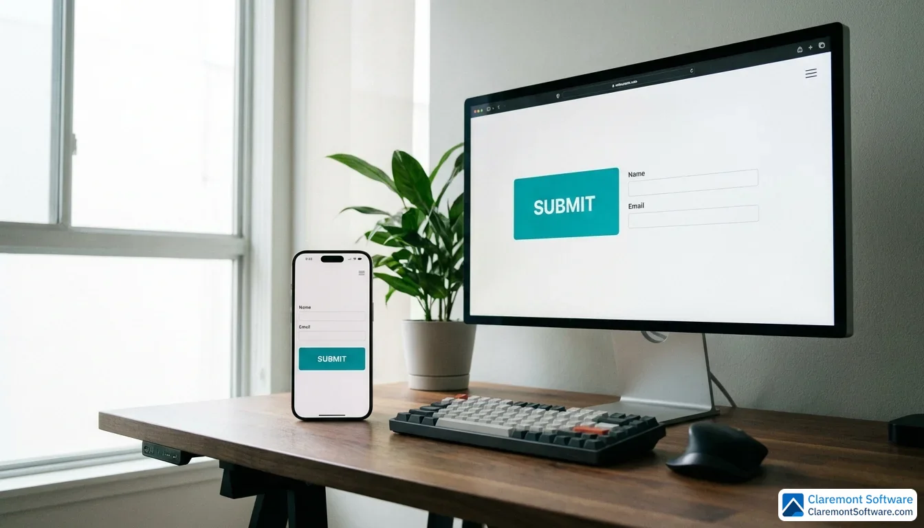 A smartphone and desktop monitor displayed side by side on a modern desk, both showing a clean, minimal website layout featuring a bold call-to-action button and a short form, photographed from a low angle with soft natural light streaming in from a nearby window.