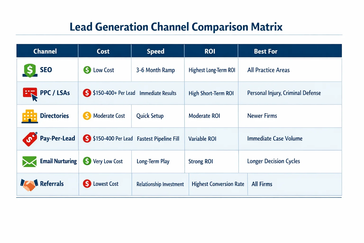 Alt text: A comparison matrix for law firms evaluating lead generation channels, displaying various marketing strategies rated across key factors such as cost, time investment, scalability, and effectiveness to help attorneys select the best mix of lead generation tactics based on their firm's size, budget, and goals.