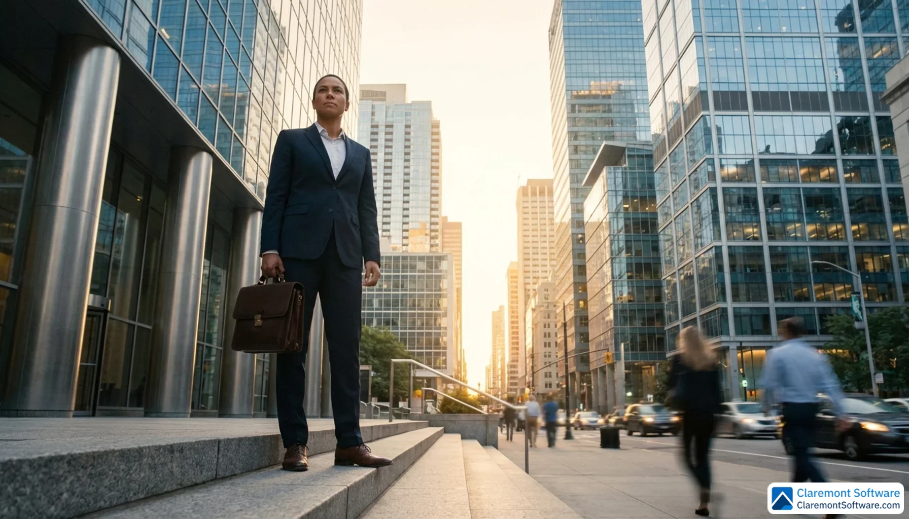 A confident attorney in a sharp suit stands on the steps of a modern courthouse, shot from a low angle that emphasizes their commanding presence against a soft morning skyline filled with city office buildings.