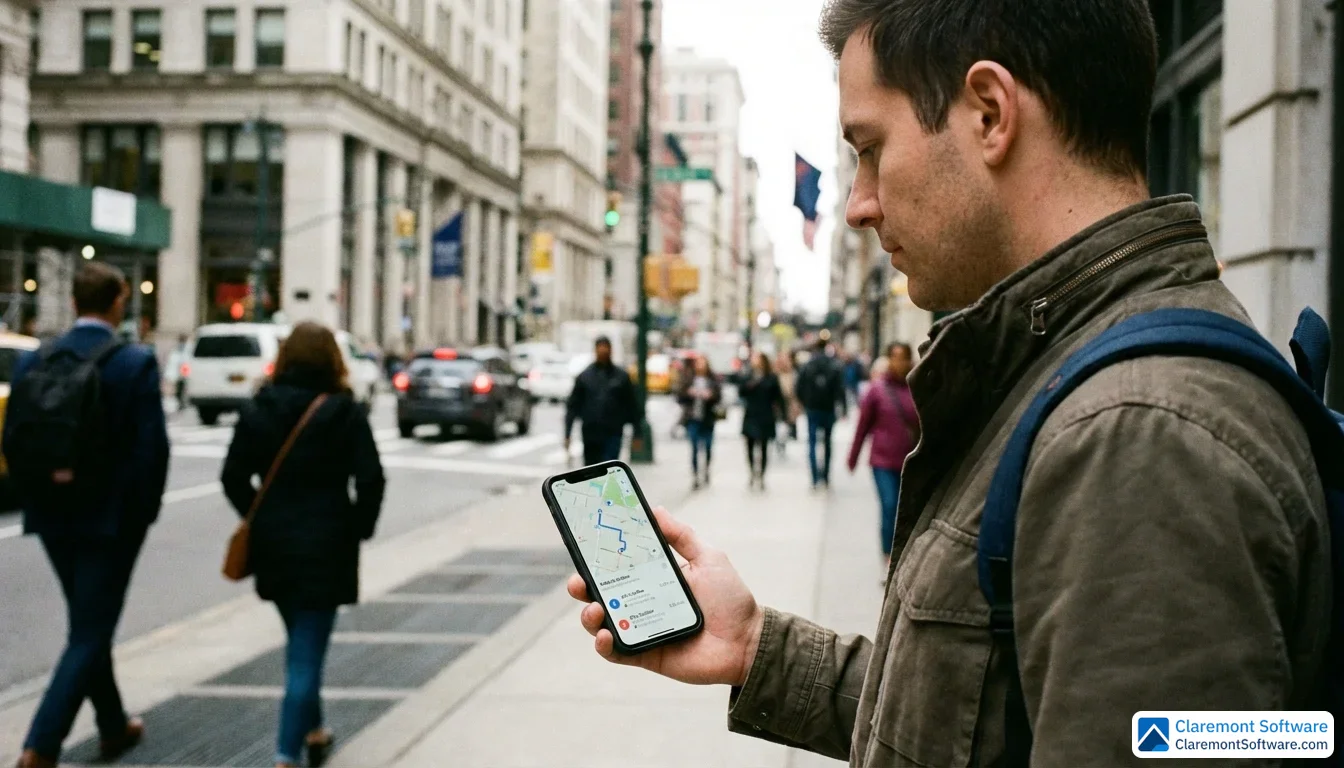 A person standing on a busy city sidewalk holds a smartphone displaying a maps app with nearby business listings, while the bustling street behind them fades into a soft blur in natural midday light.