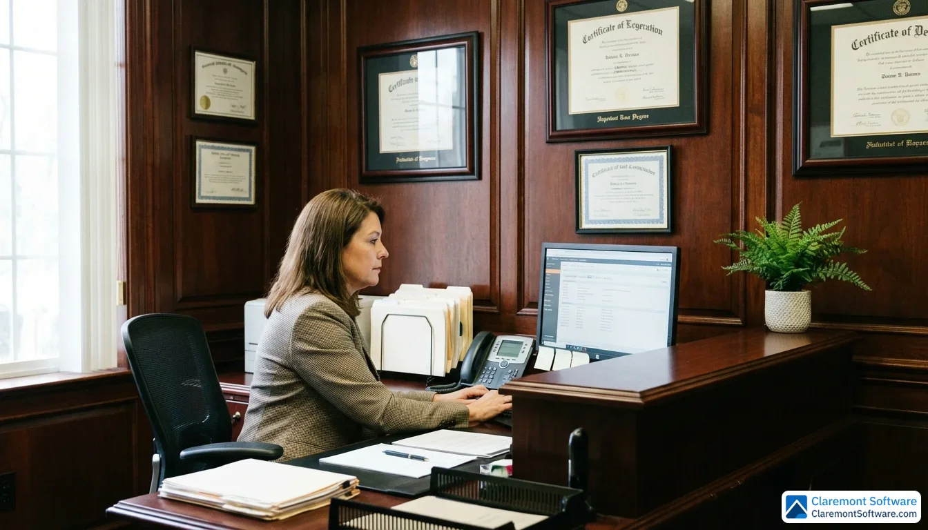 A professional law firm receptionist sits at a tidy front desk, focused on updating information on a desktop computer, surrounded by polished wood paneling, framed credentials, and a small potted plant in soft natural window light.