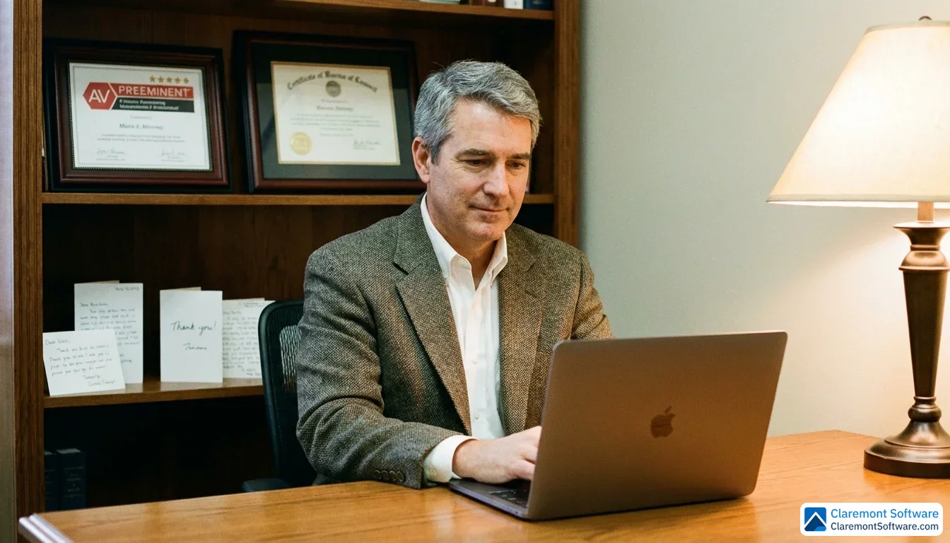 A middle-aged attorney sits at a clean desk, calmly reviewing content on a laptop in a warmly lit office. Behind them, a framed five-star certificate and client thank-you cards on a shelf convey a reputation built on trust and client satisfaction.