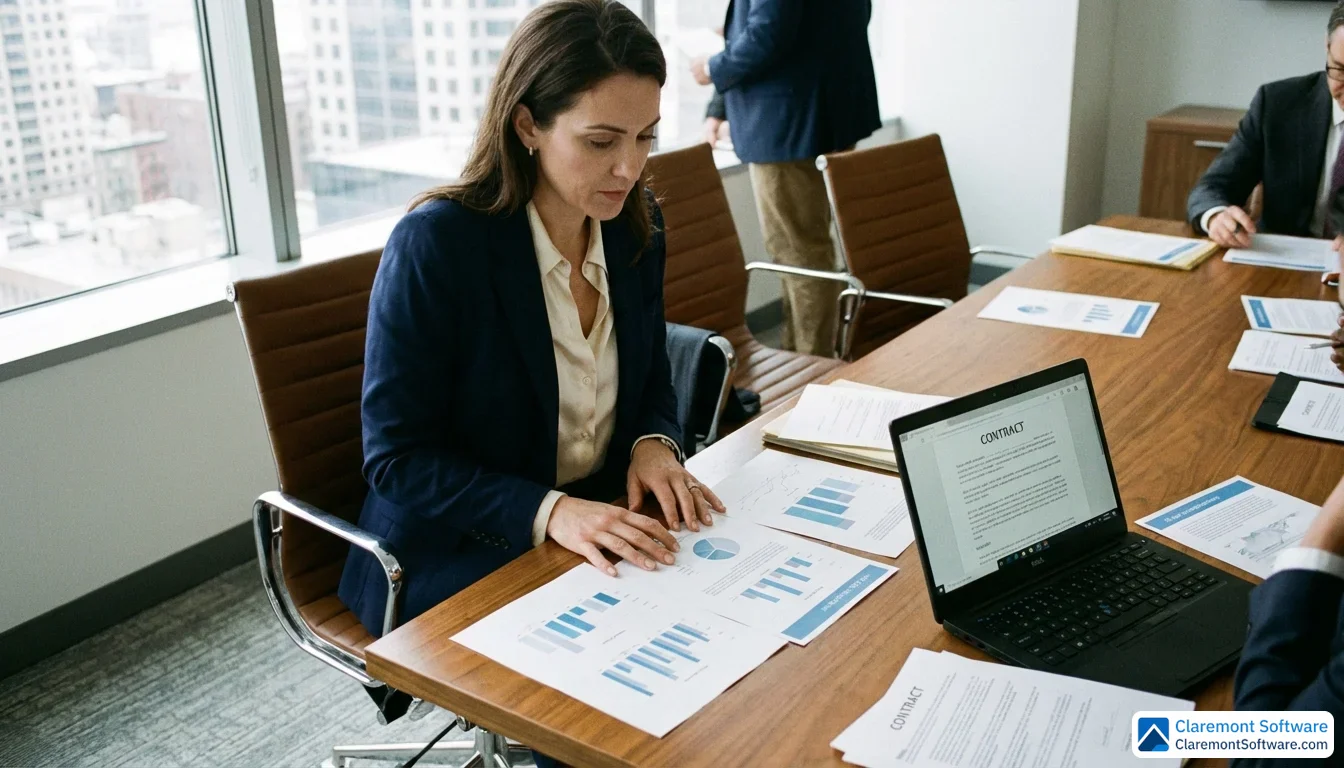 A legal professional in business casual attire leans over a conference table covered in printed charts and graphs, with a laptop open nearby. Natural light streams through a large office window, with the overhead angle emphasizing the spread of data and analytics documents on the table.