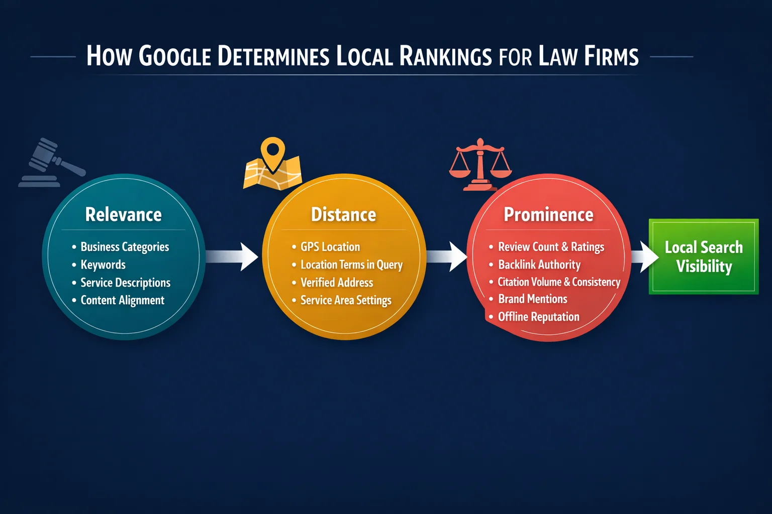 Alt text: A process infographic illustrating how Google determines local rankings for law firms, showing how three key ranking factors—relevance, distance, and prominence—work together to determine a law firm's visibility in local search results.