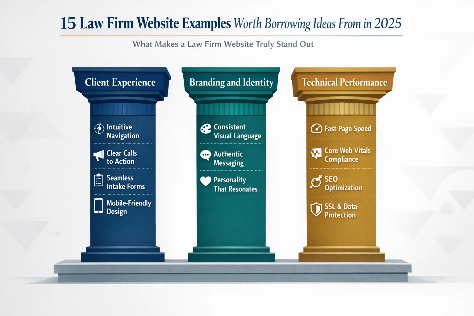 An infographic highlighting three key pillars that make a law firm website stand out, presented as a visual summary with distinct sections emphasizing the essential elements of effective legal web design.