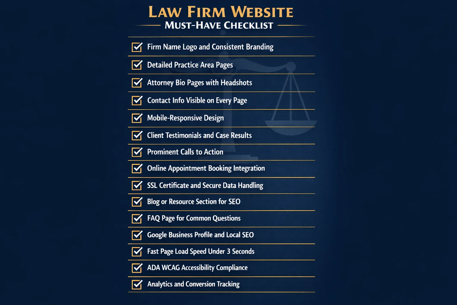 A checklist-style infographic titled "Essential Elements Every Law Firm Website Must Have," listing key must-have features for an effective law firm website in a structured, easy-to-follow format.