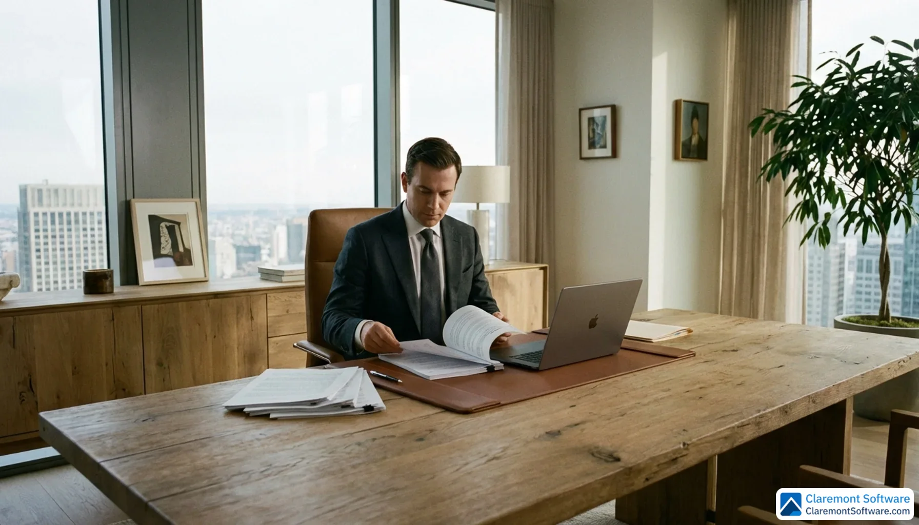 A lawyer in a tailored suit reviews printed documents at a wide oak desk, with a sleek laptop open beside them. The modern office features floor-to-ceiling windows bathed in soft afternoon light, conveying a sense of precision and high-stakes financial decision-making.