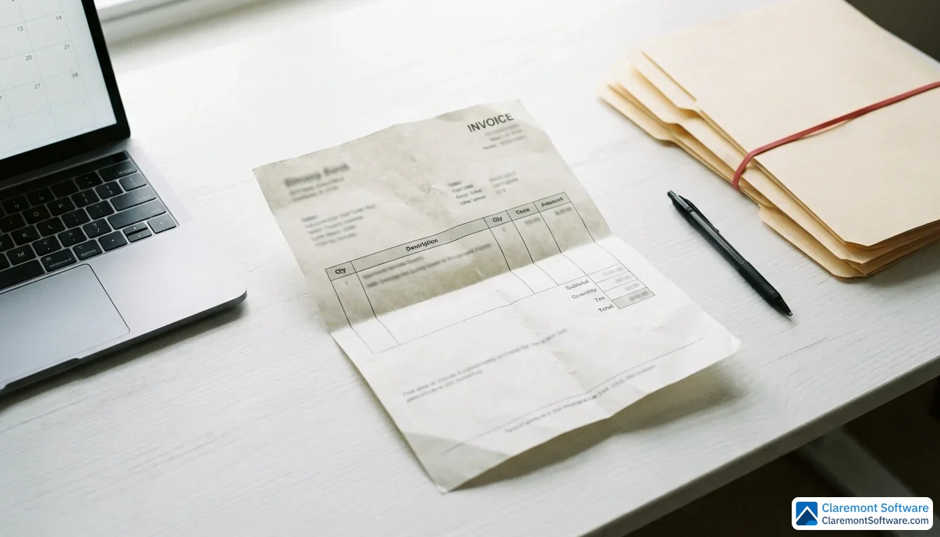A flat lay overhead shot of a partially unfolded printed invoice on a white desk, surrounded by a laptop, a pen, and a small stack of legal folders, illuminated by soft, diffused natural window light.