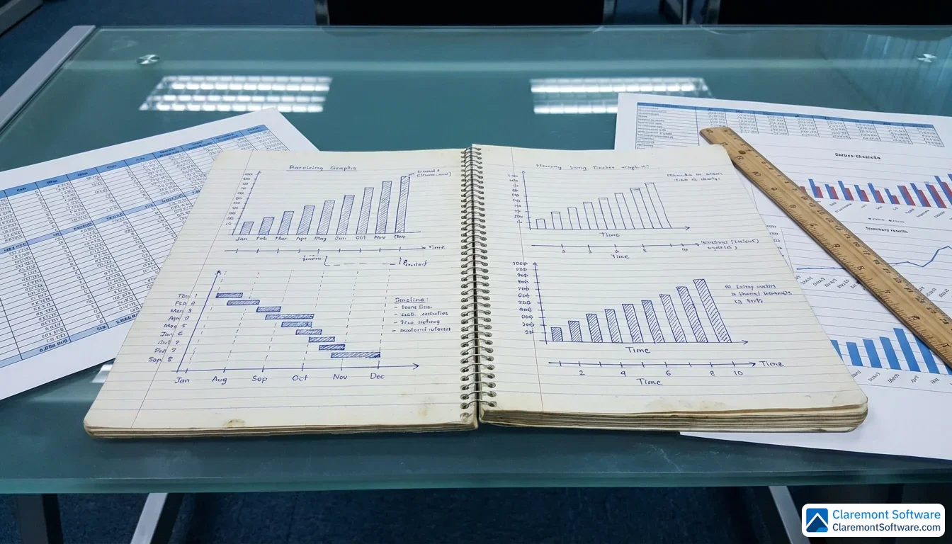 Two open notebooks lie side by side on a glass desk, each filled with hand-drawn bar graphs and timeline sketches in blue ink, with a ruler and printed spreadsheets overlapping at the edges, photographed from a slight overhead angle in cool office lighting.