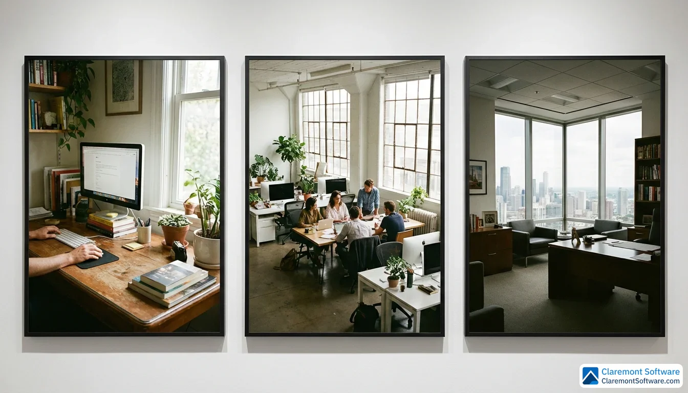A triptych of three authentic, naturally lit office environments: a compact solo desk with a single monitor, a collaborative open-plan workspace with a small team, and a spacious corner office overlooking a city skyline.