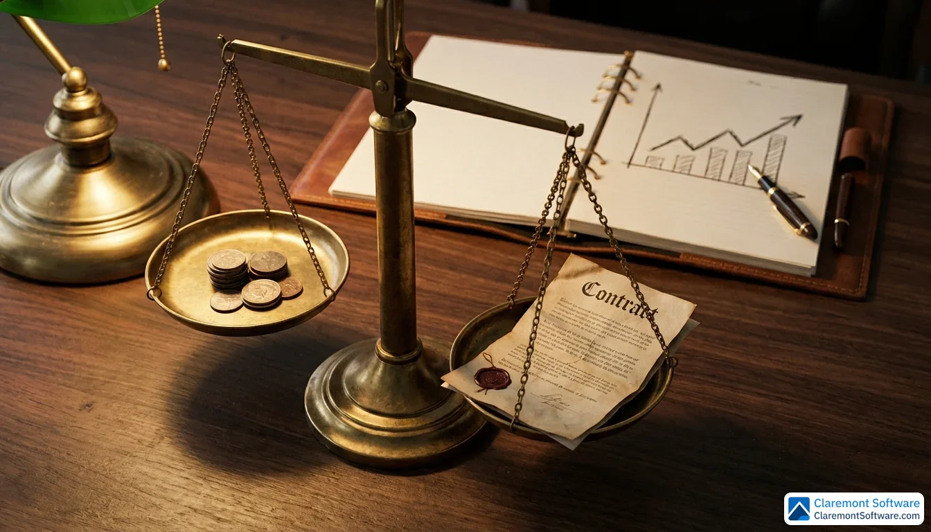 A vintage brass balance scale on a dark walnut desk holds a stack of coins on one side and a folded contract on the other, with an open notebook showing a hand-drawn upward-trending graph visible in the warm lamplight behind it.