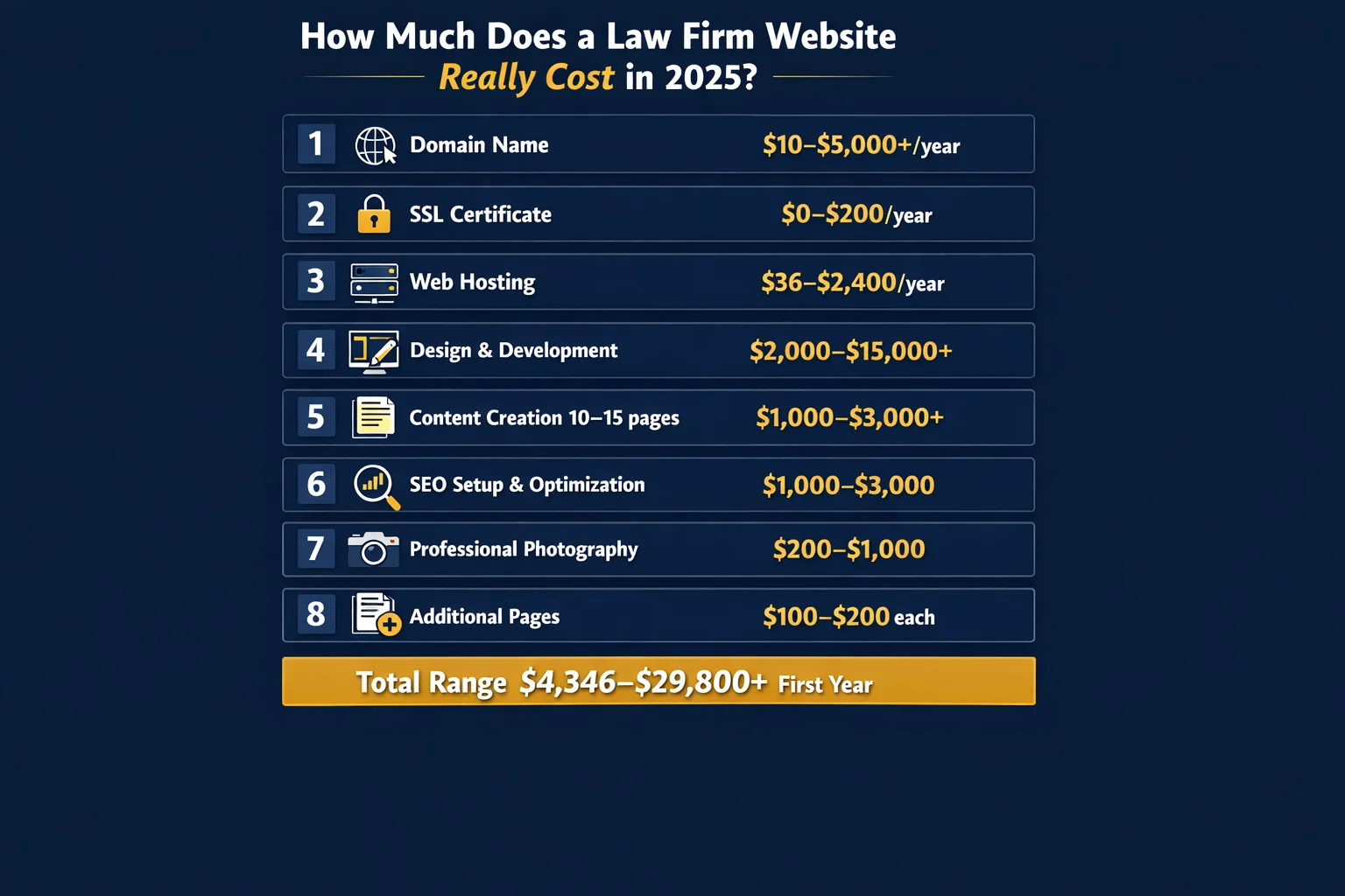 Alt text: Infographic listing a detailed line-item cost breakdown for a typical mid-range law firm website project, with individual costs itemized for categories such as design, development, content creation, SEO setup, and project management, presented in a format most agencies typically don't disclose to clients.