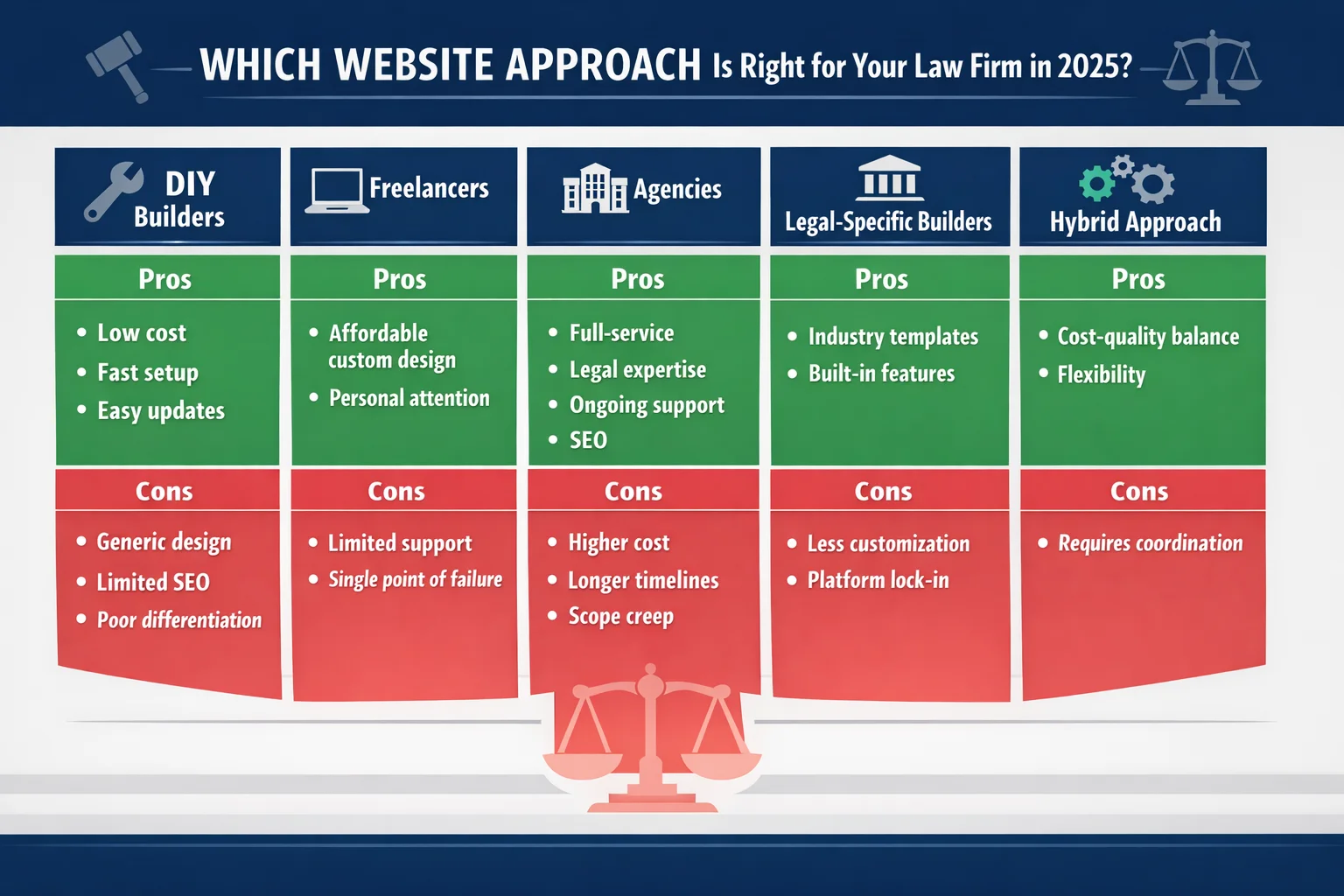 Alt text: A pros-and-cons comparison infographic evaluating three law firm website design options—DIY builders, freelancers, and agencies—listing the advantages and disadvantages of each approach to help law firms choose the best fit for their needs and budget.