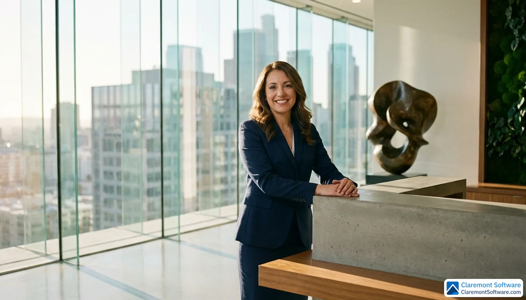 A confident attorney in a sharp navy suit stands in a sunlit modern office lobby, hands resting on a sleek reception desk, with a softly blurred city skyline visible through floor-to-ceiling glass windows behind them.