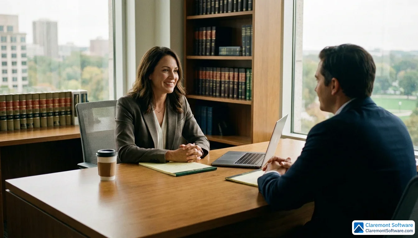 A professional attorney in formal attire sits across from a client at a polished wooden desk in a sunlit modern office, with shelves of legal books and an open laptop visible in the background.