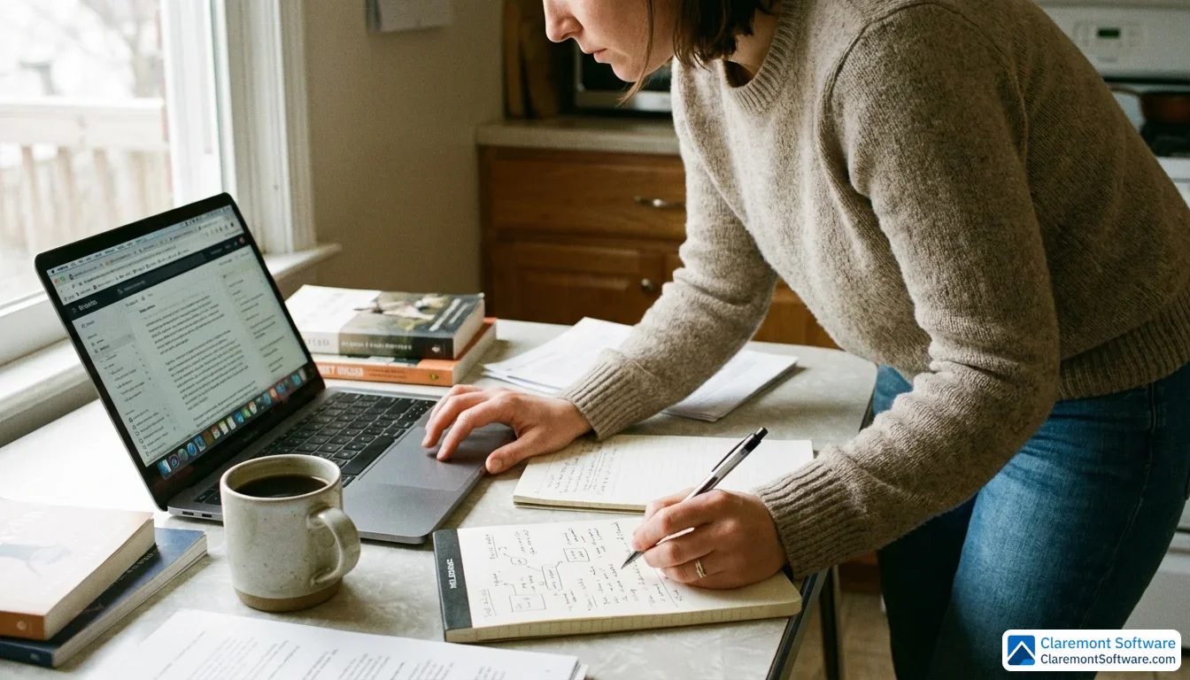 A person sits at a kitchen table in natural daylight, leaning forward attentively while using a laptop and taking notes on a notepad, with a coffee mug nearby suggesting a focused research or decision-making session.