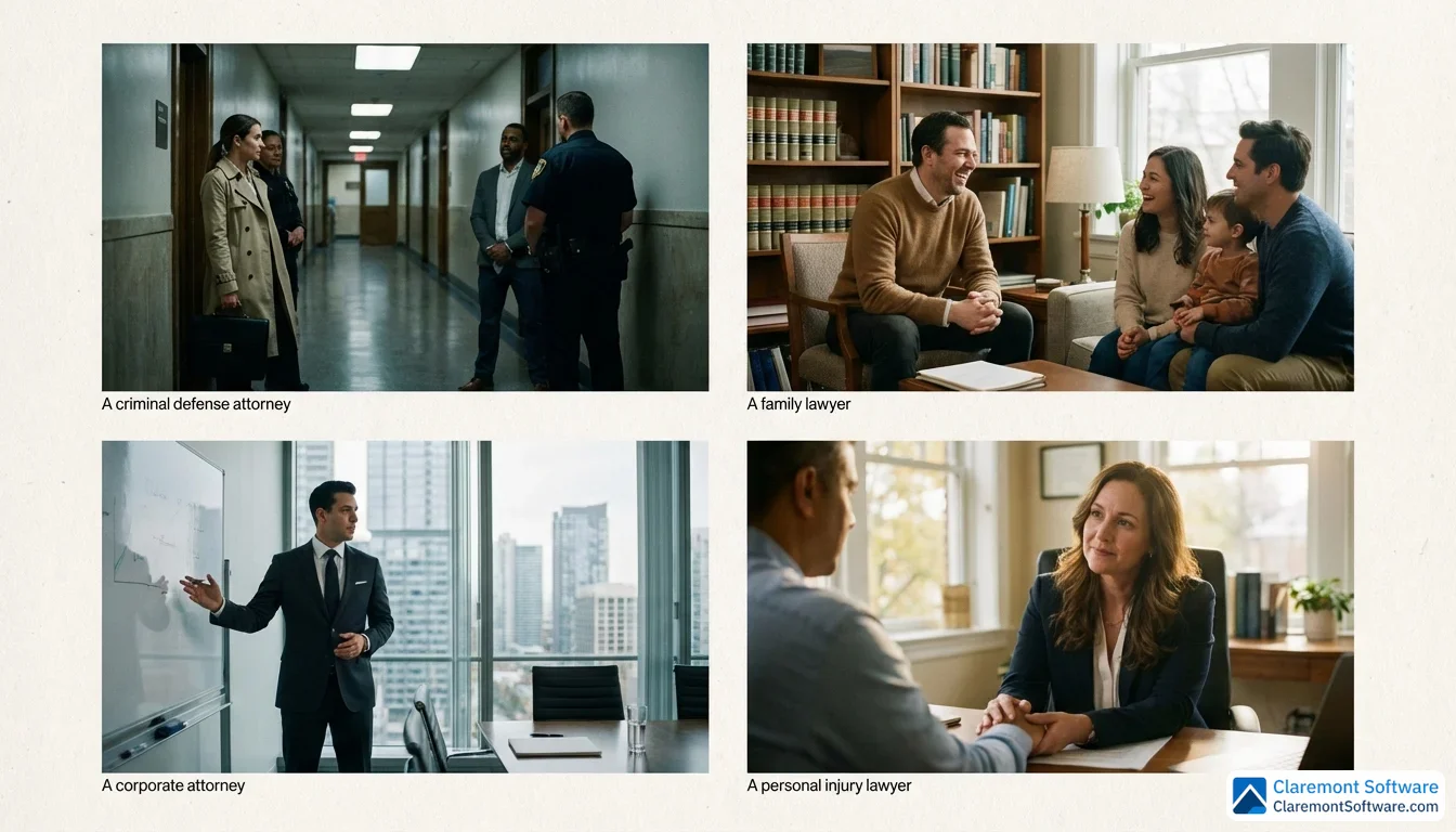 Four lawyers photographed in settings that reflect their specialties: a criminal defense attorney in a courthouse hallway, a family lawyer in a warm consultation room, a corporate attorney in a glass-walled boardroom, and a personal injury lawyer in an empathetic client meeting, arranged in an editorial grid showcasing how legal practice areas differ in tone and environment.