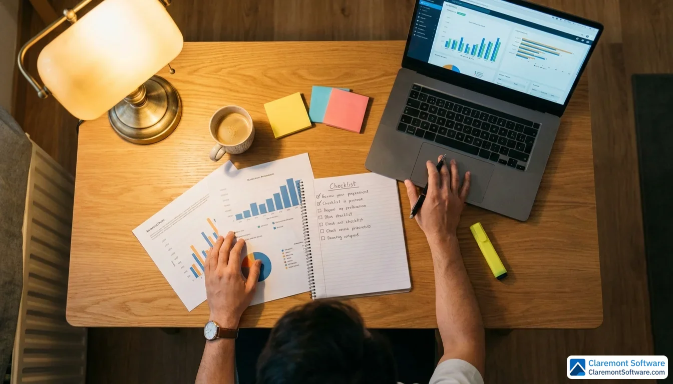 A marketing professional reviews printed charts and a handwritten checklist at a tidy desk, with a laptop displaying graphs nearby, surrounded by sticky notes, a highlighter, and a coffee cup under warm side lamp light, captured from a slightly overhead angle.