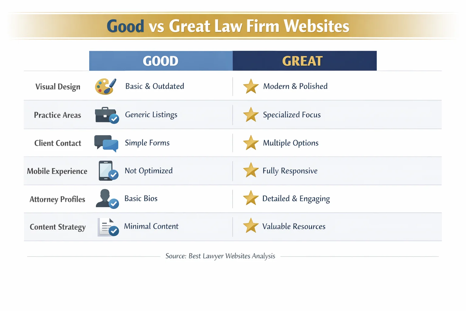 A side-by-side comparison chart contrasting "Good" versus "Great" law firm websites across key dimensions such as design, content, user experience, and client engagement, highlighting the specific features and strategies that elevate top-performing legal websites above average ones.