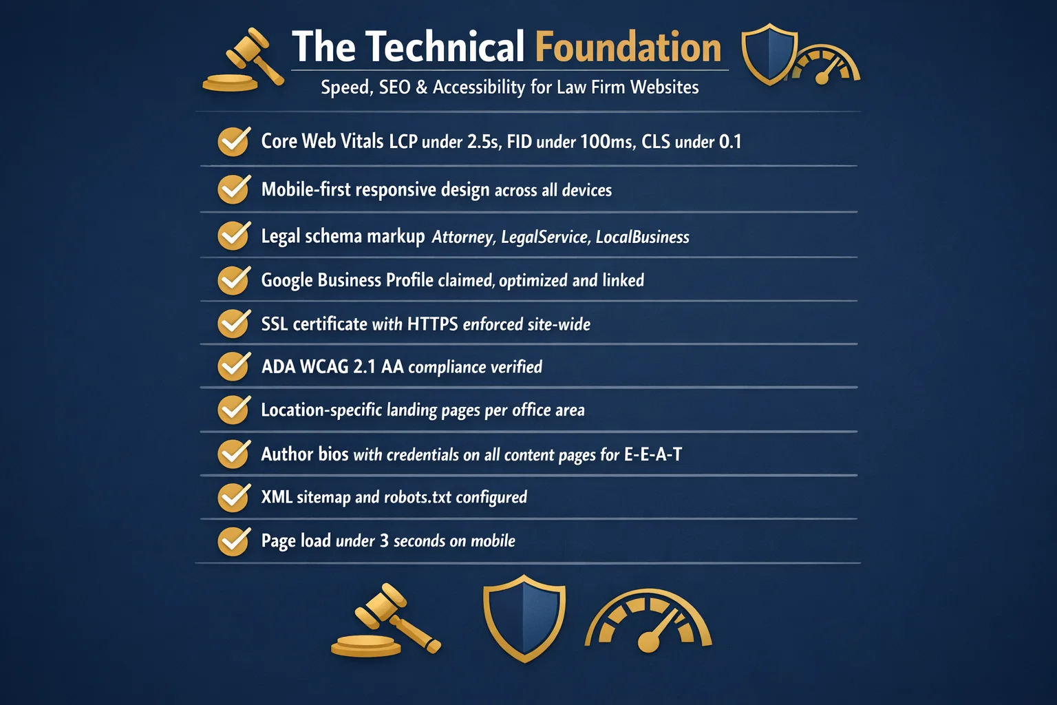 A checklist-style infographic titled "The Technical Foundation: Speed, SEO, and Accessibility" outlining essential technical SEO and performance best practices for law firm websites, including items related to site speed optimization, search engine visibility, and web accessibility compliance.