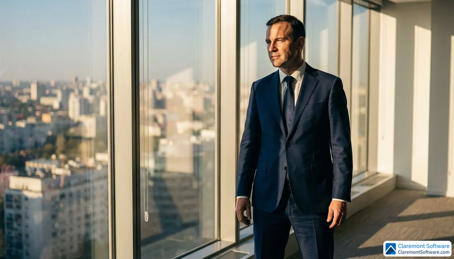 A confident attorney in a tailored navy suit stands at floor-to-ceiling windows in a modern high-rise office, with a softly blurred city skyline behind them and natural afternoon light casting clean shadows across their face.