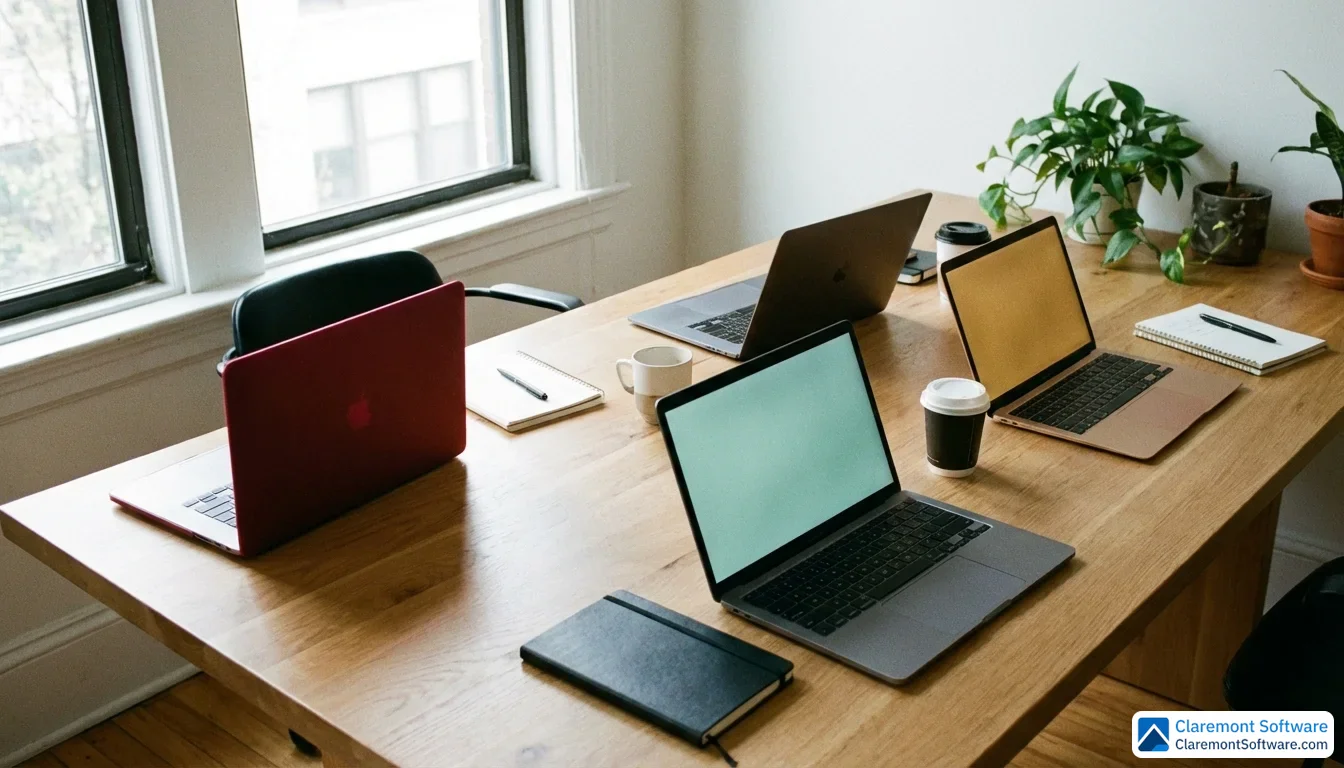 Four open laptops arranged in a loose arc on a wide white oak desk, each screen glowing in a different color scheme—deep red, soft teal, charcoal, and warm gold. The setup is photographed from slightly above with natural window light coming from the left, highlighting the varied design aesthetics across the screens.