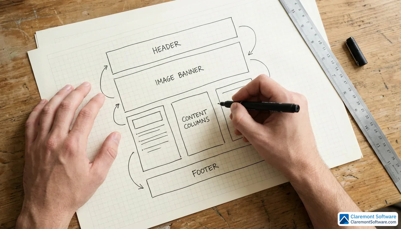 A designer's hands sketch a structured webpage layout on large grid paper at a wooden desk, with blocked sections and directional arrows clearly visible, captured from an overhead flat-lay perspective in soft studio lighting with a ruler and fine-tip marker nearby.