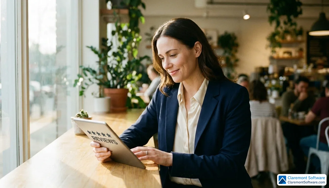 A professional in business casual clothing calmly reads reviews on a tablet at a sunlit café table, with warm, softly blurred background details and gentle morning light streaming through a nearby window.
