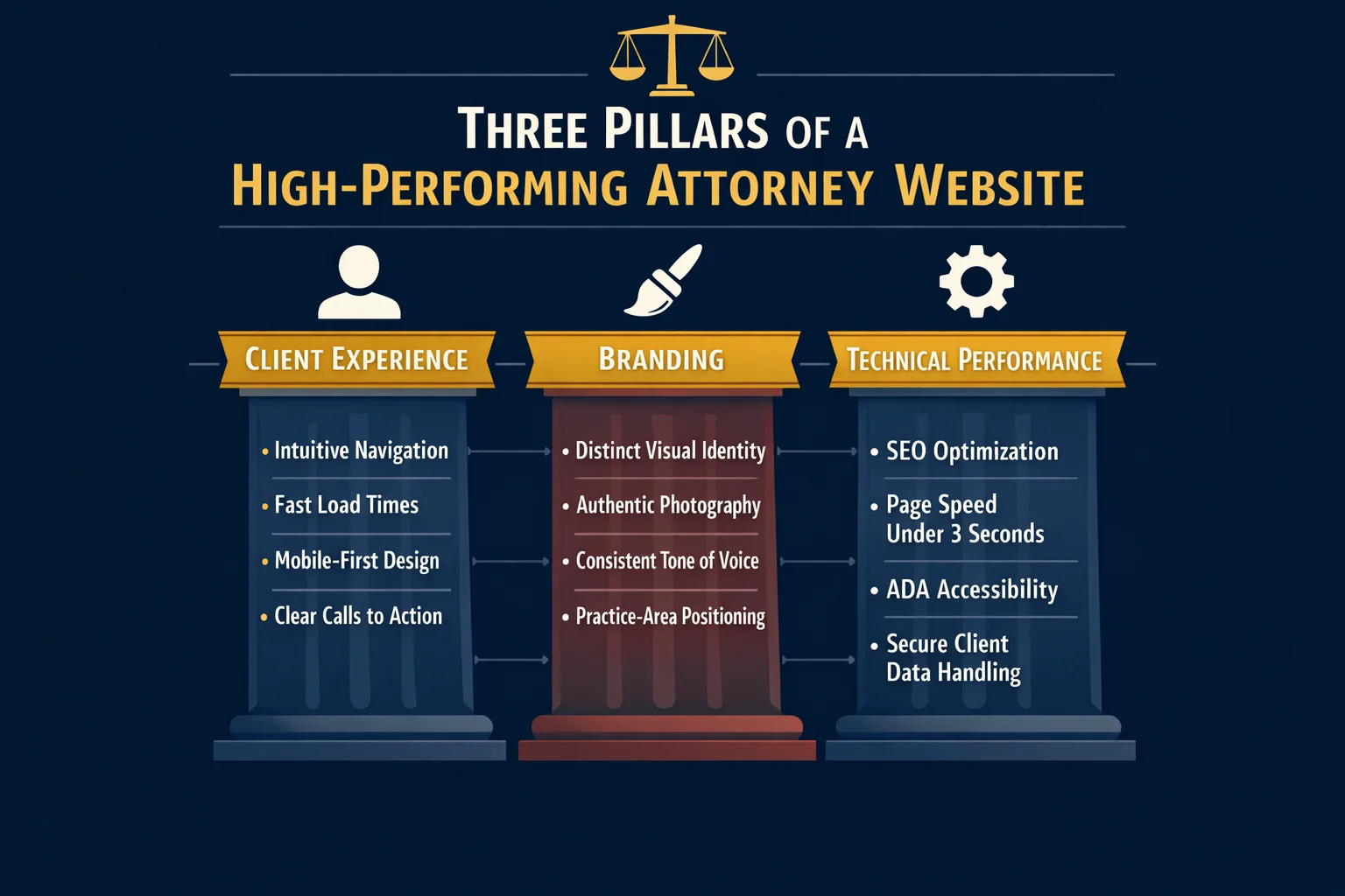 Alt text: Infographic summarizing the three pillars of a high-performing attorney website, highlighting that effective legal websites rely on key foundational elements beyond common assumptions about design and features.