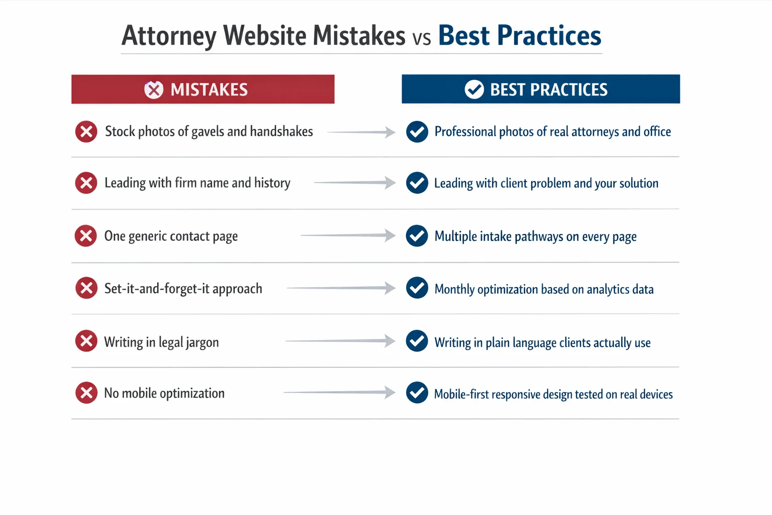 A two-column pros-and-cons comparison infographic contrasting common attorney website mistakes on one side with corresponding best practices and fixes on the other, designed to help law firms improve their online presence.