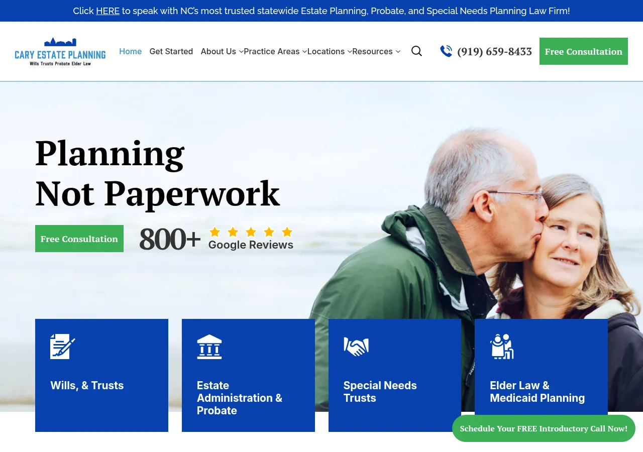 Screenshot of Cary Estate Planning website homepage