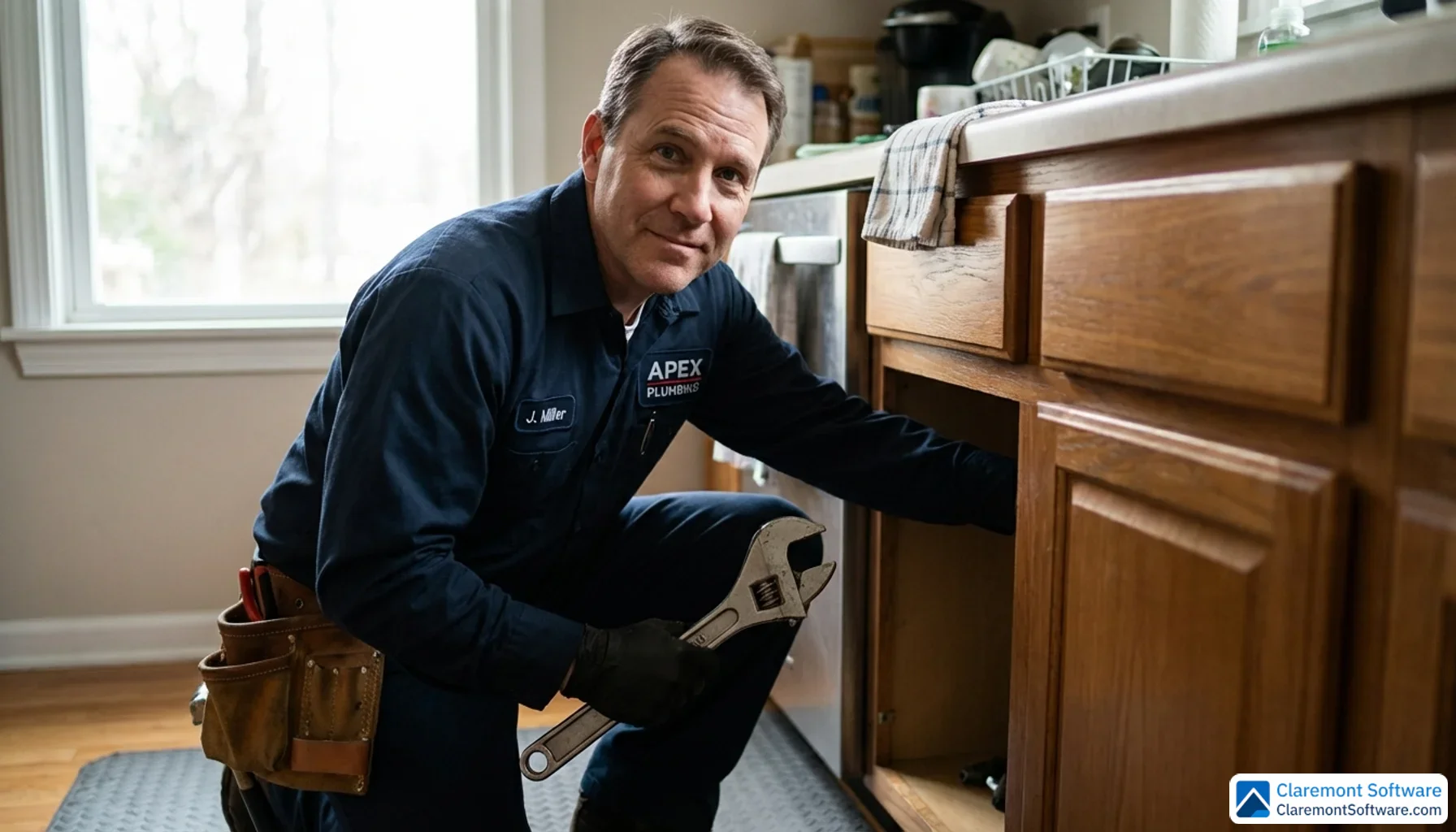 A confident male plumber in a clean navy uniform crouches beneath a kitchen sink, wrench in hand, looking directly at the camera with a calm and professional expression. Natural light illuminates the scene from the left, with a softly blurred residential kitchen visible in the background.
