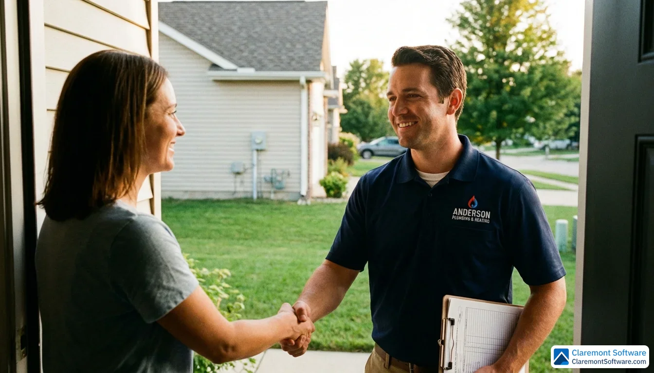 A friendly plumber in a branded polo shirt shakes hands with a smiling homeowner at the front door of a suburban home, clipboard in hand, bathed in warm afternoon light with a green lawn visible in the background.