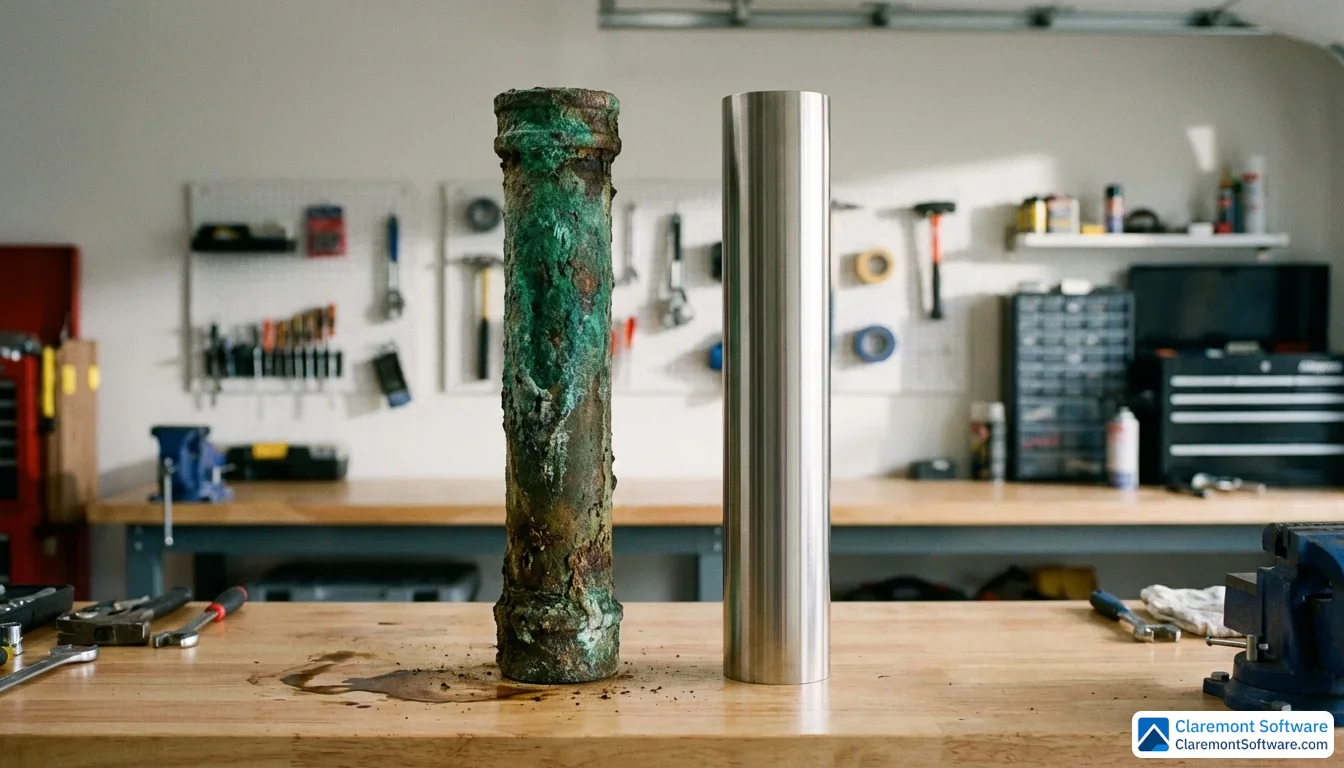Two pipes placed side by side on a workbench, one heavily corroded and coated in green oxidation, the other brand new and gleaming silver. The stark contrast between the aged and replacement pipes is immediately visible under even, diffused lighting against a clean workshop background.