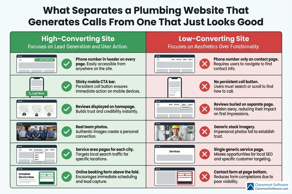 A side-by-side comparison infographic contrasting a high-converting plumbing website with a low-converting one, highlighting key differences such as prominent call-to-action placement, trust signals like reviews and certifications, and strategic layout choices that drive phone calls versus designs that prioritize aesthetics alone.