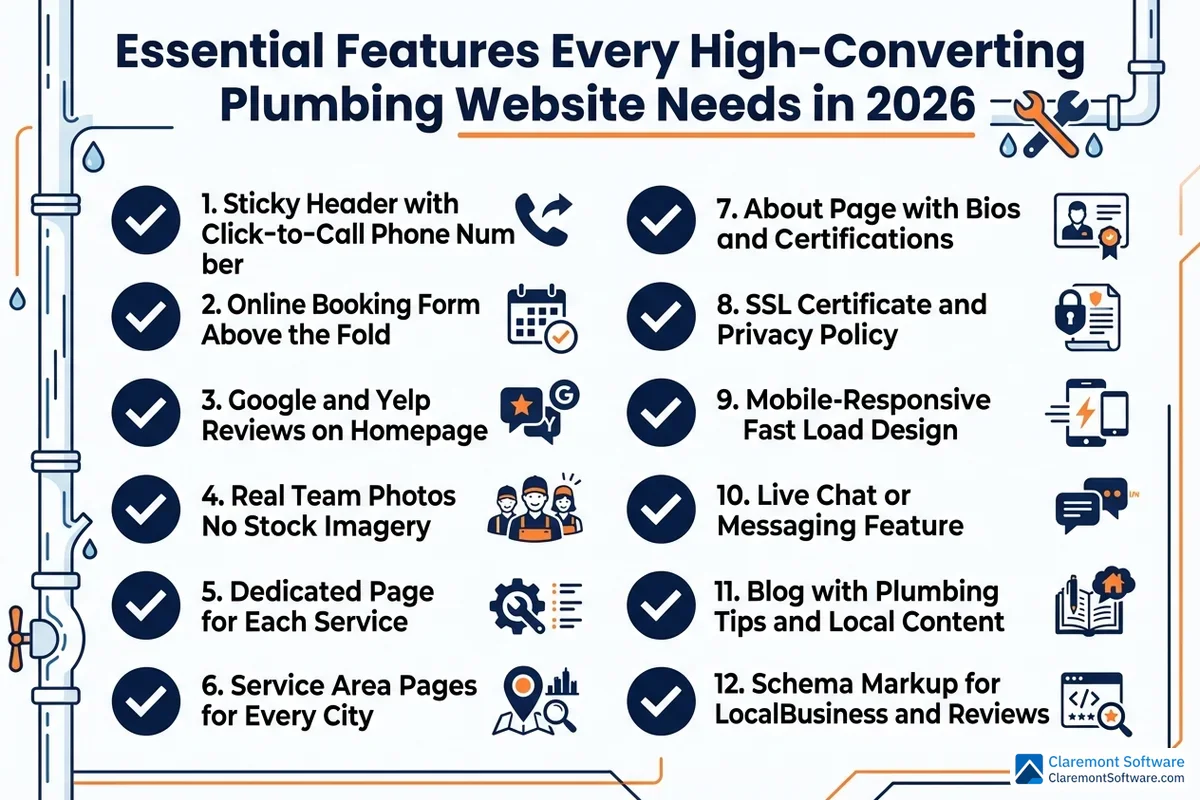 A checklist-style infographic outlining essential features every high-converting plumbing website needs in 2026, including items such as click-to-call buttons, online booking, customer reviews, mobile optimization, and service area pages designed to generate more customer calls. The list is presented with checkmark icons in a clean, organized layout.