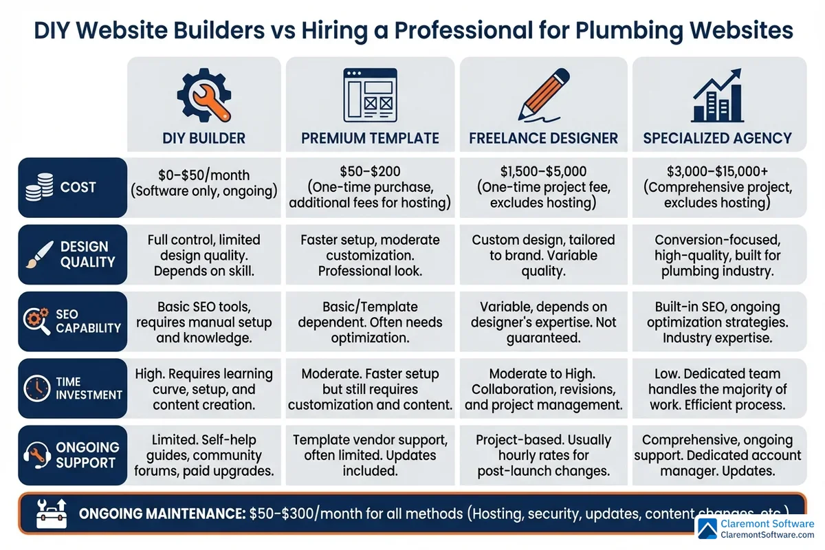 A comparison table evaluating three website options for plumbing businesses—DIY website builders, freelance designers, and specialized agencies—across categories such as cost, customization, SEO capabilities, ongoing support, and time investment, highlighting the trade-offs between affordability and professional quality for each option.