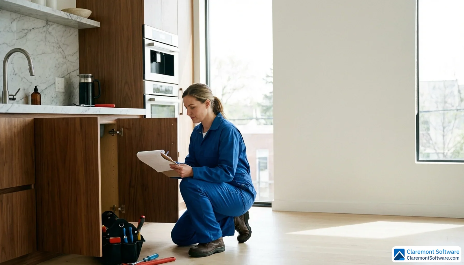 A confident plumber in a clean uniform crouches beside an open under-sink cabinet in a bright, modern kitchen, reviewing paperwork on a clipboard with natural window light illuminating the scene.