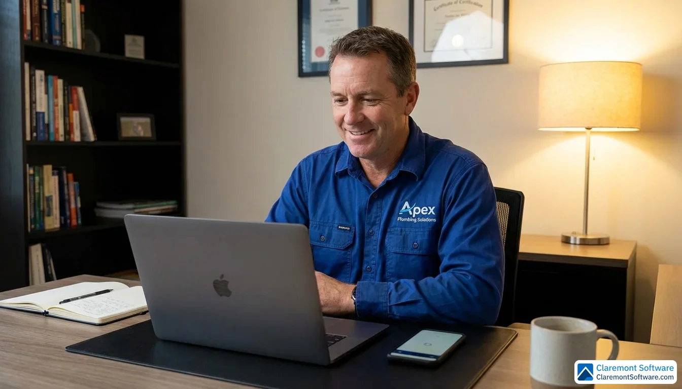 A plumbing business owner in a collared shirt sits at a tidy desk, reviewing information on a laptop with a satisfied expression, a smartphone resting beside it. The scene is warmly lit and photographed from a slightly elevated three-quarter angle.