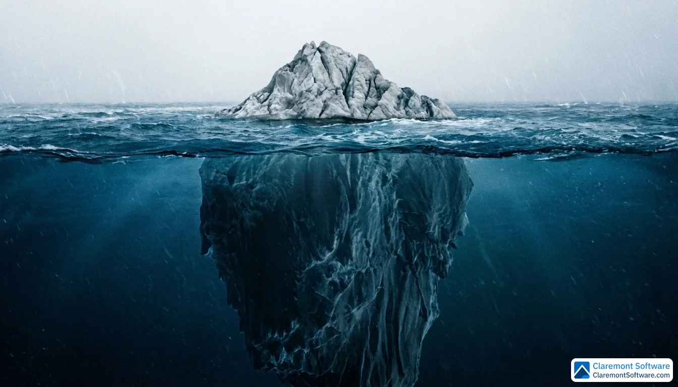 A massive ancient iceberg photographed at water level in cold blue Arctic waters, with a small jagged peak visible above the surface while a vast, dark underwater mass descends deep below, illustrating the hidden scale beneath.