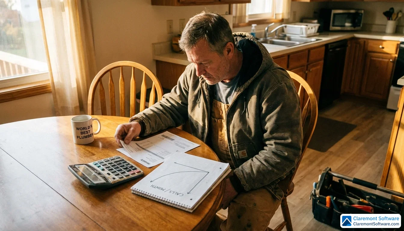A plumber in work clothes sits at a kitchen table in warm morning light, reviewing a printed invoice and a hand-drawn graph with an upward curve on a notepad, with a calculator and coffee mug nearby.