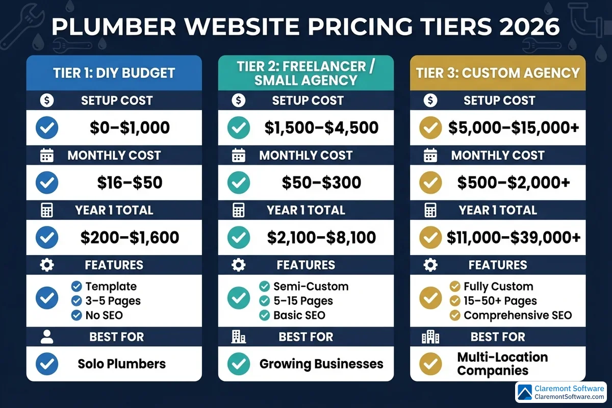 A side-by-side comparison chart of three plumber website pricing tiers—Budget, Mid-Range, and Premium—detailing setup costs, monthly fees, Year 1 totals, included features, and the type of plumbing business each tier best suits.