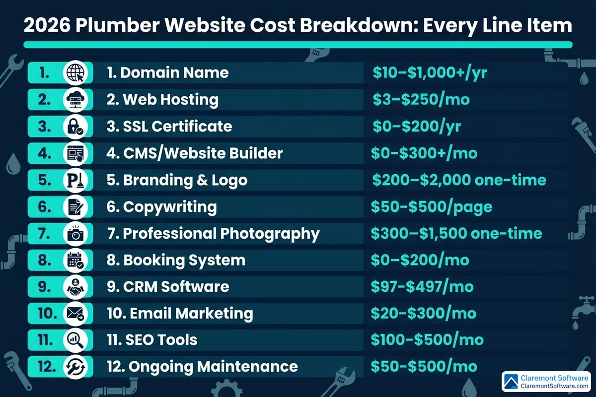 An itemized list infographic detailing every cost component of building a plumber website in 2026, with individual price ranges for line items such as domain registration, hosting, design, development, SEO, and ongoing maintenance. Each line item is clearly labeled with its associated cost range for easy comparison.