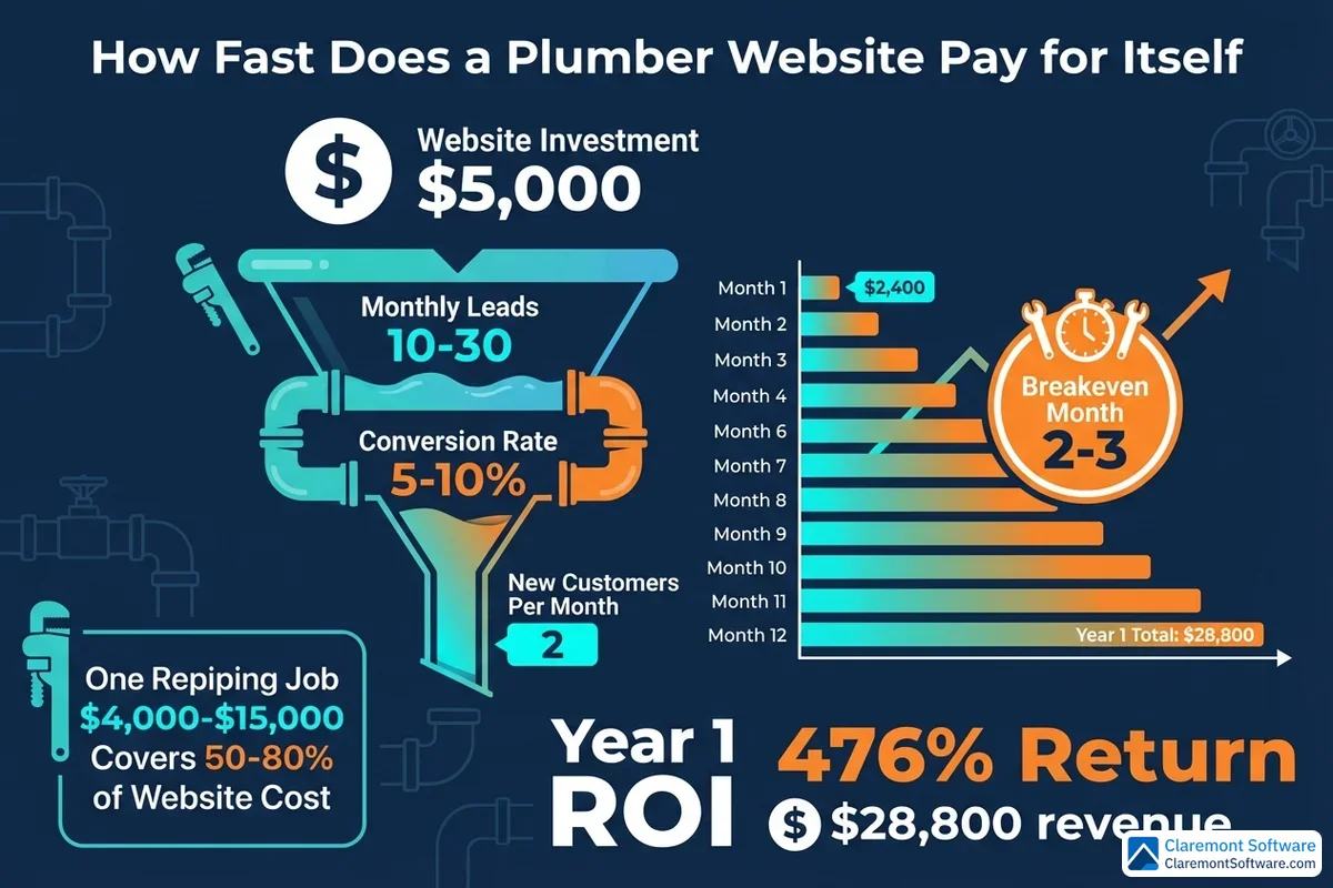 Alt text: Infographic showing the ROI timeline for a plumber's website investment, with monthly revenue projections from lead generation illustrating that the website pays for itself within a few months, including a breakeven analysis comparing cumulative costs against cumulative revenue over time.