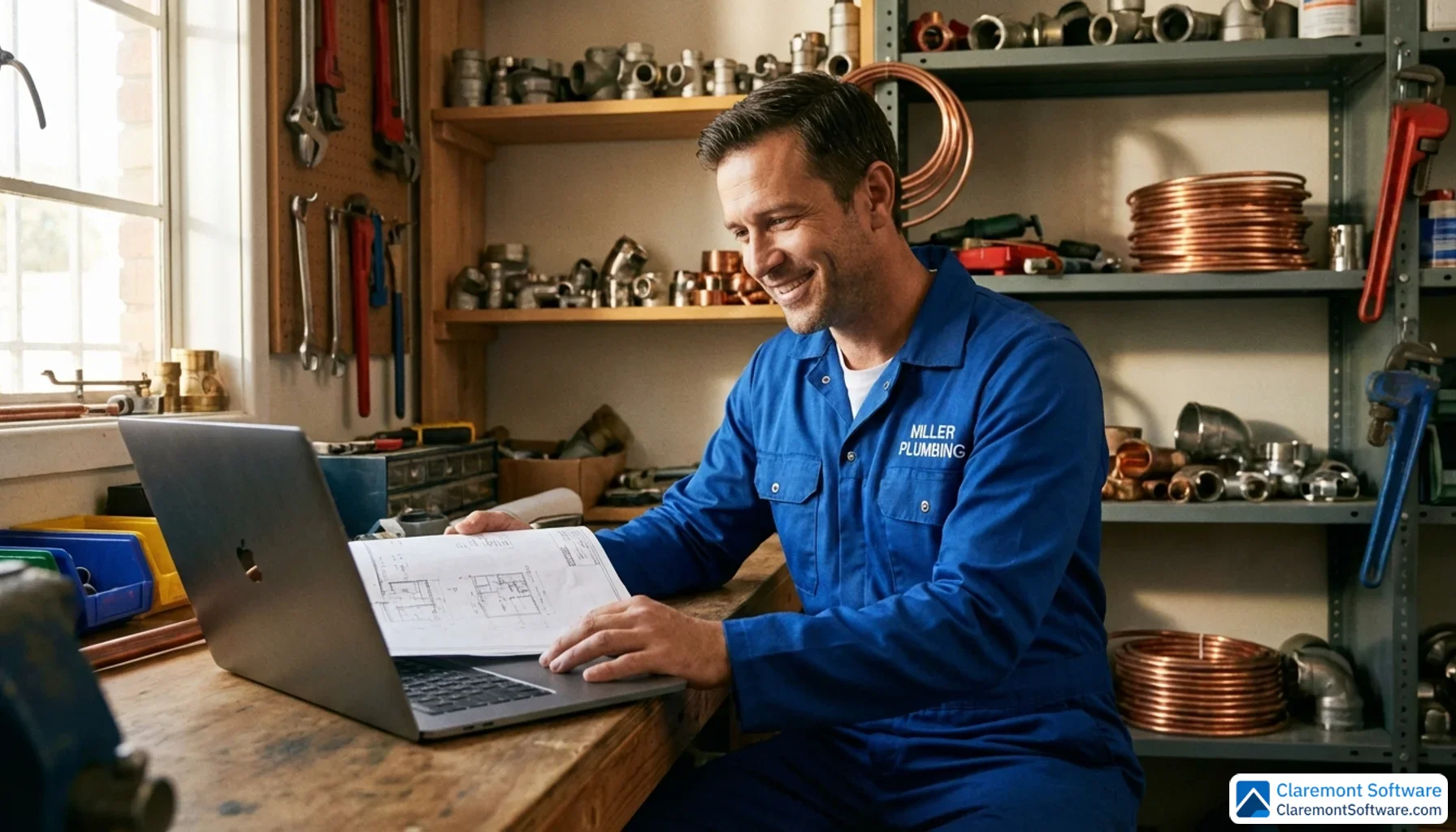 A confident plumber in a clean uniform sits at a desk reviewing his laptop, with pipe fittings and tools organized on shelves behind him. Warm natural light streams in from a side window, and the slight low-angle shot gives him an air of professionalism and approachability.